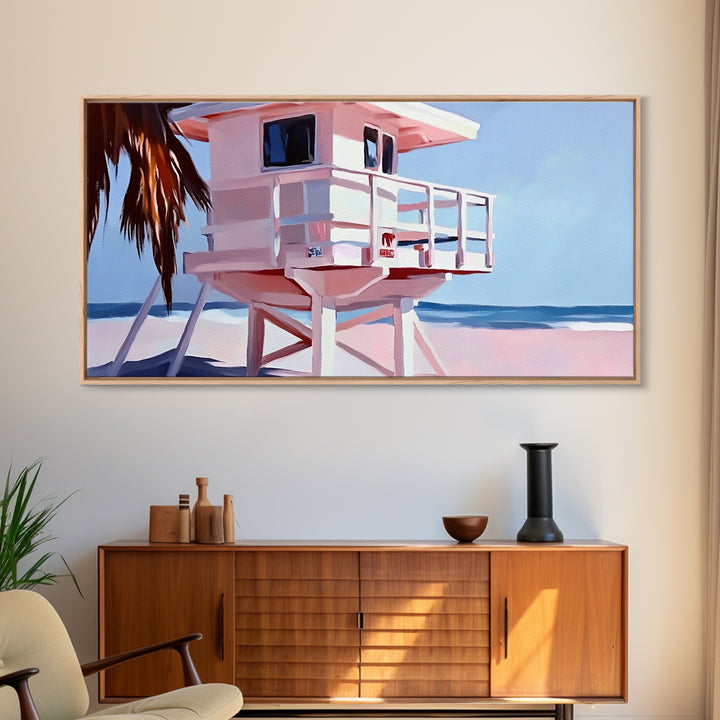 Beach Lifeguard Tower, Coastal Wall Art, Minimalist Beach Print, Boho Coastal Decor, Summer Beach House, Living Room Canvas Print