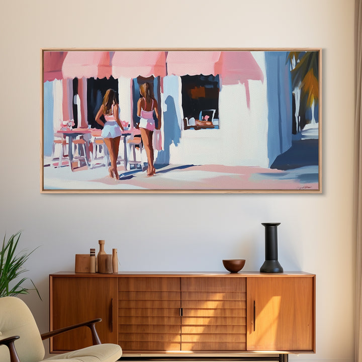 Café Scene, Pink Aesthetic, Coastal Lifestyle, Boho Summer Art, Chic Minimalist Decor, Home Wall Art, Living Room Art, Framed Canvas Print