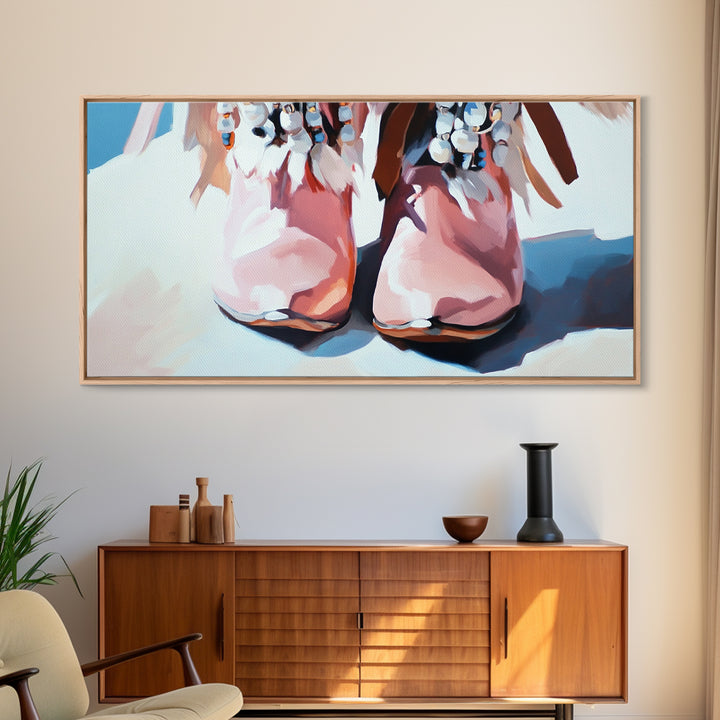 Boho Boots, Western Fashion, Beaded Cowboy Style, Rustic Aesthetic, Country Chic Decor, Modern Americana Art, Bedroom Wall Art