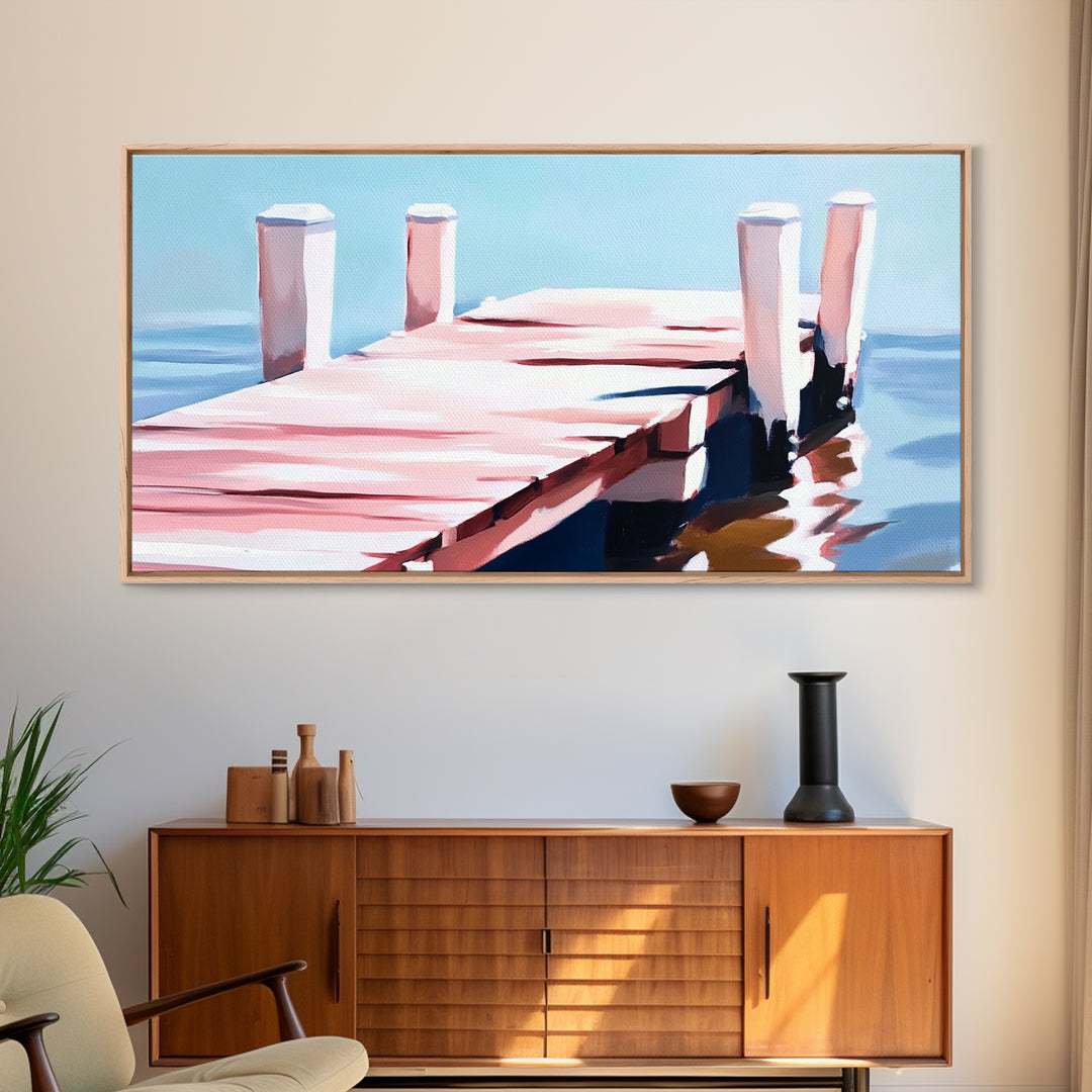 Dock on Water, Minimalist Seascape, Coastal Decor, Nautical Wall Art, Modern Beach Home, Summer Vibes, Blue Wall Art, Framed Canvas Print