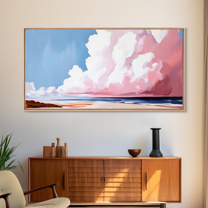 Cloudscape, Dreamy Sky, Coastal Horizon, Framed Canvas Print, Minimalist Art, Blue and Pink Decor, Bedroom Wall Art, Sky Lover Gift
