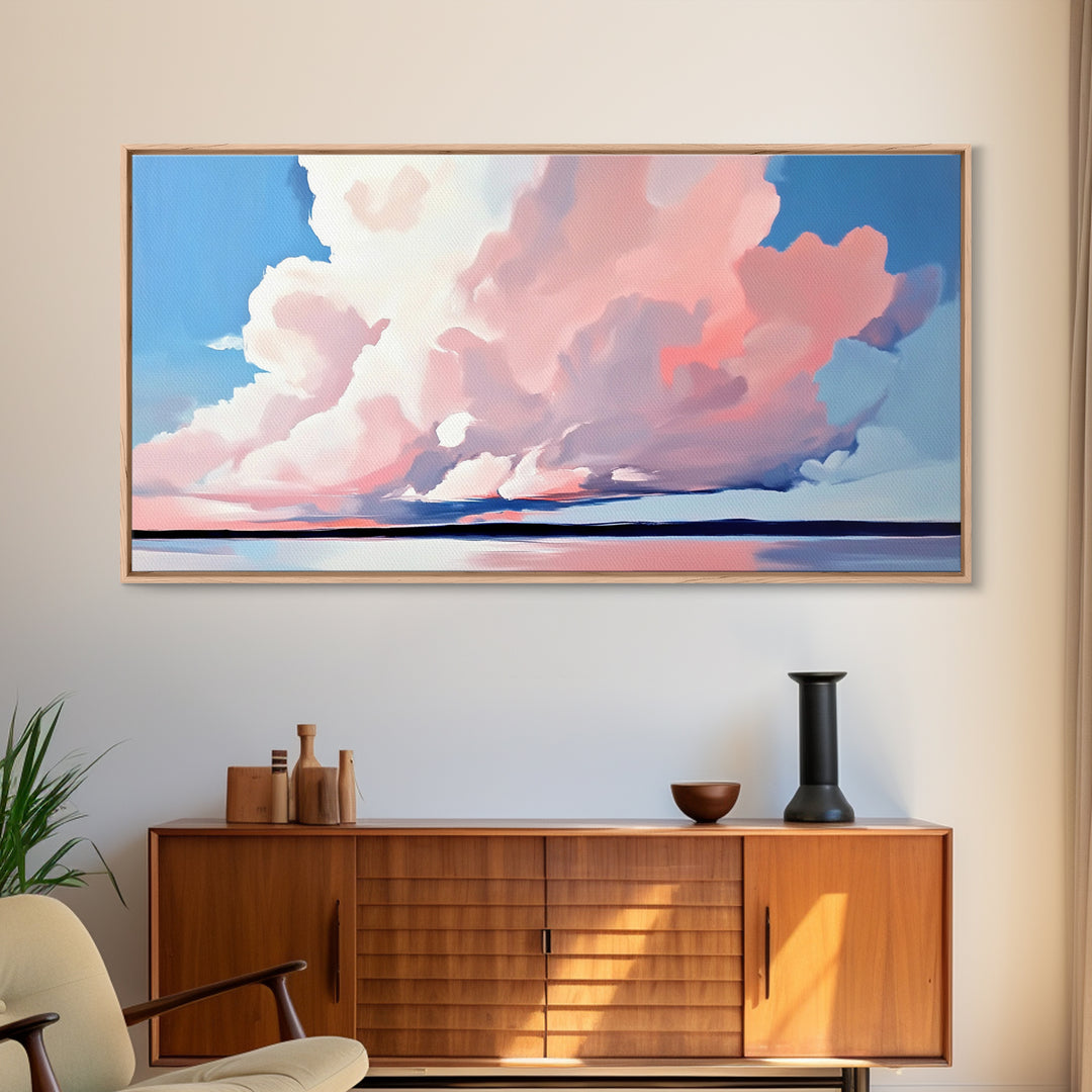 Sunset Glow, Cloud Reflections, Pastel Sky, Framed Canvas Print, Beach House Decor, Aesthetic Landscape, Contemporary Art, Serene Home Accent