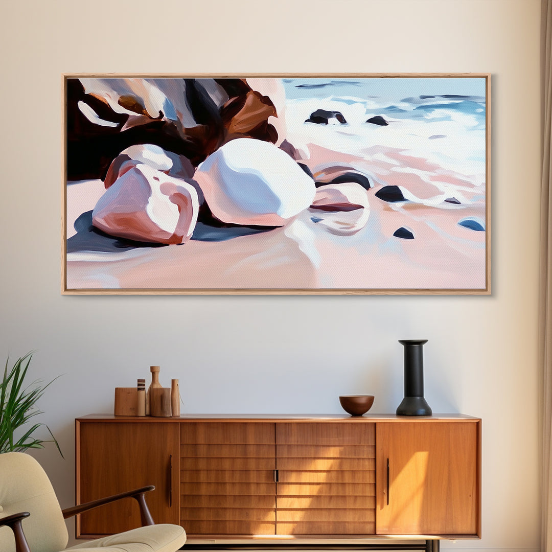 Coastal Rocks, Beach Waves, Ocean Wall Art, Framed Canvas Print, Nautical Decor, Summer Vibes, Relaxing Seaside Scene, Living Room Art