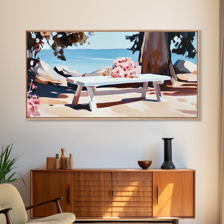 Beach Picnic, Seaside Dining, Summer Wall Art, Framed Canvas Print, Coastal Decor, Relaxing Atmosphere, Kitchen Art, Nautical Aesthetic