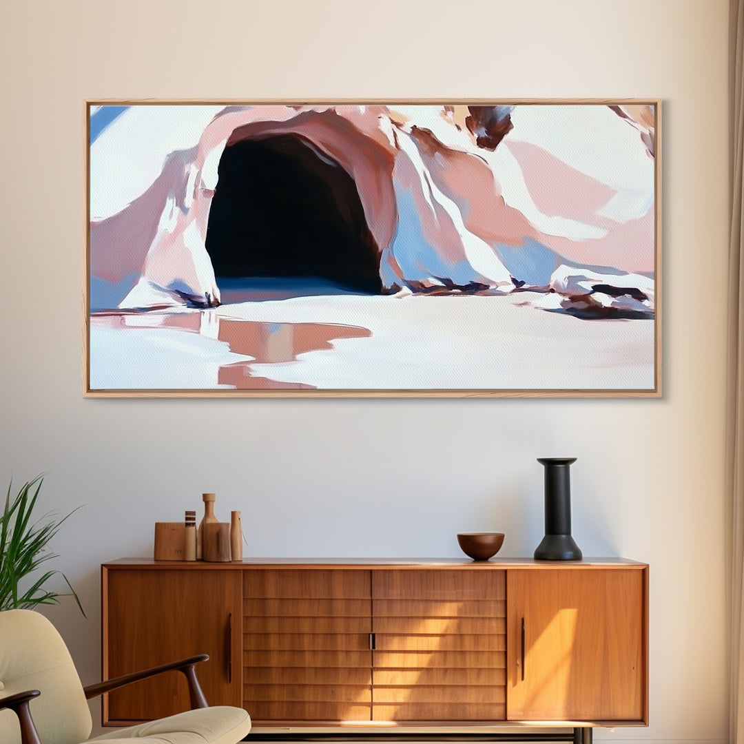 Cave Entrance, Surreal Landscape Art, Abstract Coastal Print, Pink Beige Tones, Nature Inspired, Boho Wall Decor, Framed Canvas Print