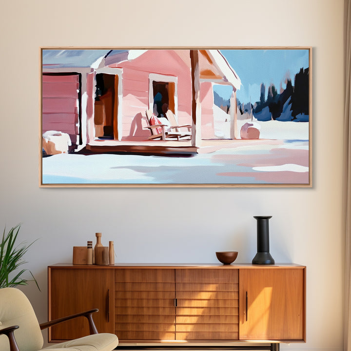Pink Cabin, Winter Landscape Art, Cozy Home Decor, Framed Canvas Print, Rustic House Painting, Christmas Wall Art, Snowy Scene