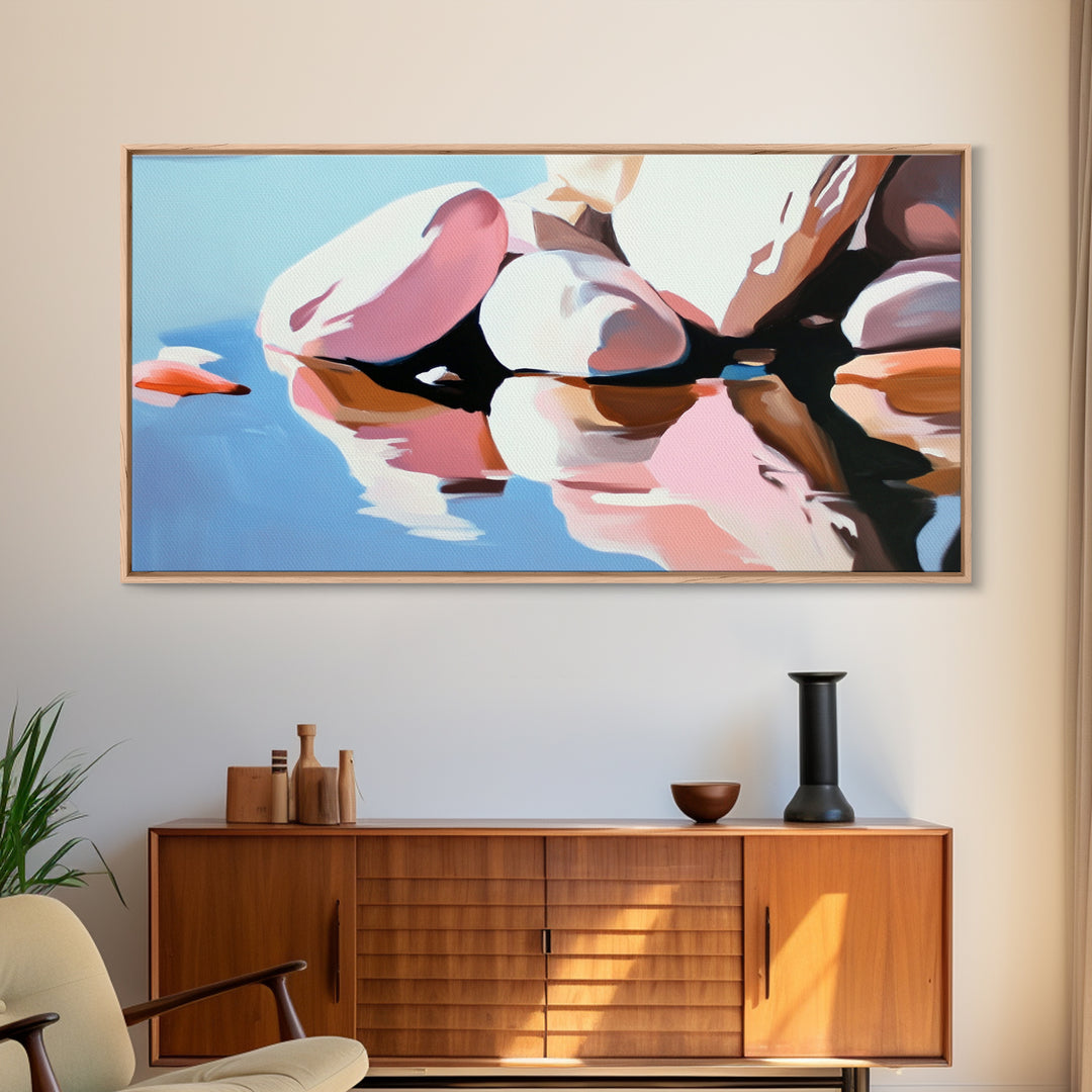 River Rocks, Reflections, Framed Canvas Print, Minimalist Nature Art, Abstract Water Scene, Earthy Wall Art, Modern Decor, Living Room