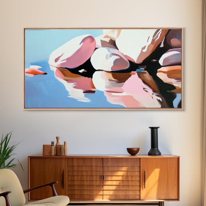 River Rocks, Reflections, Framed Canvas Print, Minimalist Nature Art, Abstract Water Scene, Earthy Wall Art, Modern Decor, Living Room