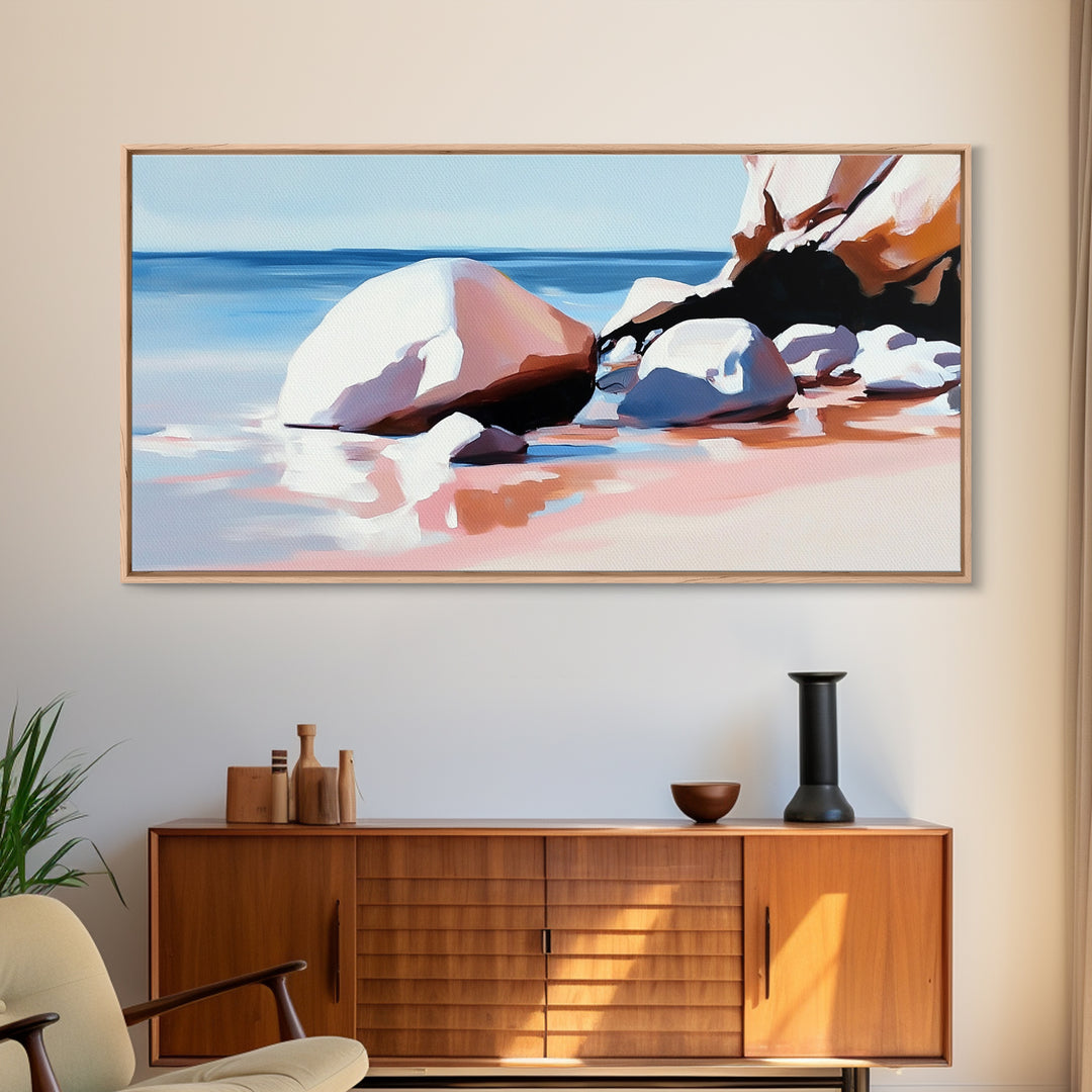 Ocean Stones, Beach Scene, Framed Canvas Print, Coastal Wall Art, Pastel Seascape, Nautical Decor, Serene Artwork, Bedroom Wall Art