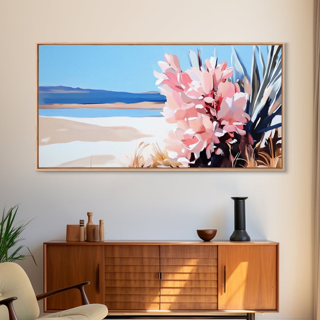 Desert Bloom, Southwest Landscape, Cactus and Flowers, Warm Toned Artwork, Boho Living Room Art, Pink and Blue Painting, Canvas Print