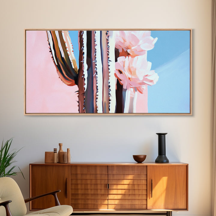 Cactus Bloom, Southwestern Wall Decor, Modern Desert Art, Boho Nature Painting, Minimalist Floral Scene, Aesthetic Pastel Tones, Canvas Print