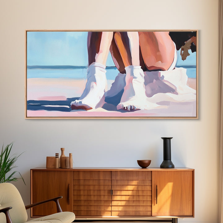 Beach Sitting, Relaxing Moment, Coastal Escape, Soft Pastels, Framed Canvas Print, Boho Art, Bedroom Wall Decor, Modern Minimalist Art