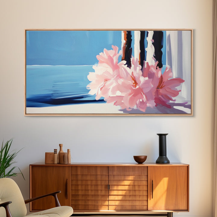 Ocean View, Floral Arrangement, Pastel, Canvas Print, Coastal Wall Art, Beach House Aesthetic, Modern Decor, Blue and Pink Theme