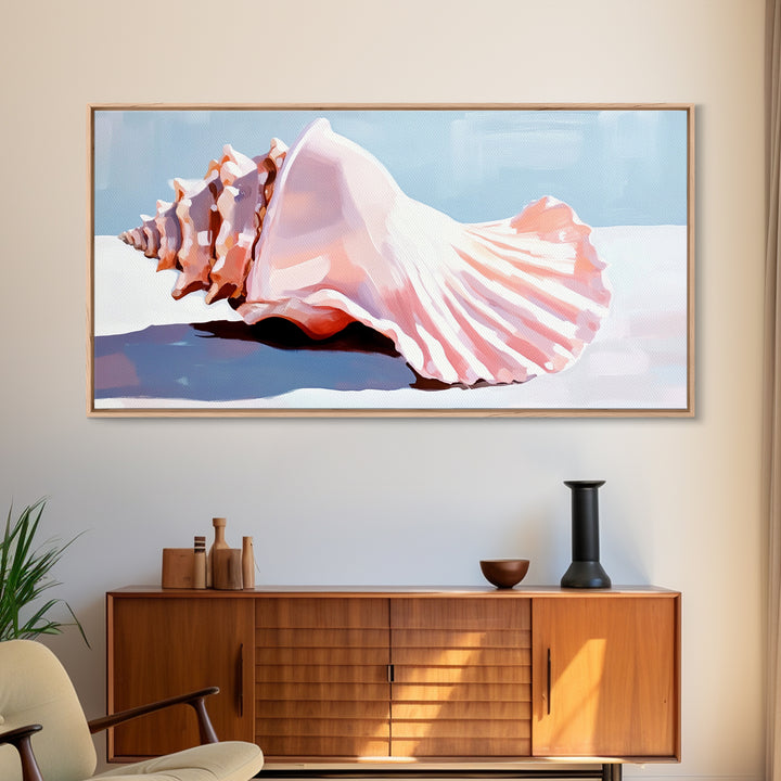 Conch Shell, Beach, Pastel, Framed Canvas Print, Coastal Wall Art, Tropical Decor, Seashell Aesthetic, Living Room Accent Piece
