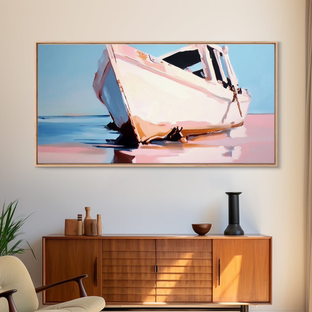 Beached Boat, Coastal Art, Nautical Decor, Canvas Print, Beach House Wall Art, Ocean Painting, Rustic Wall Decor, Living Room Art