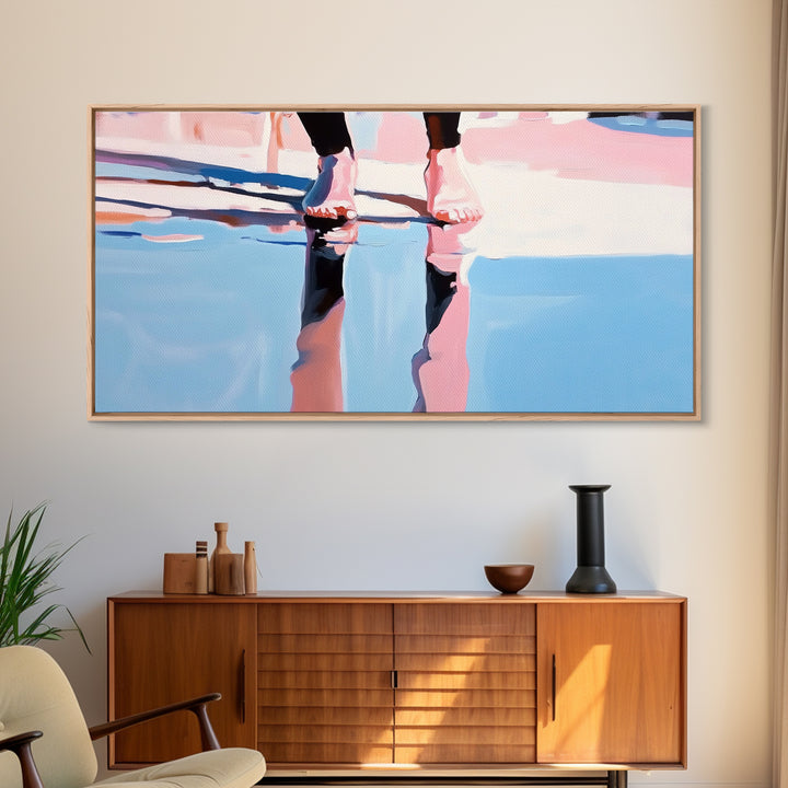 Barefoot Reflection, Surreal Water Art, Dreamy Wall Decor, Modern Framed Canvas Print, Minimalist Blue Aesthetic Artwork