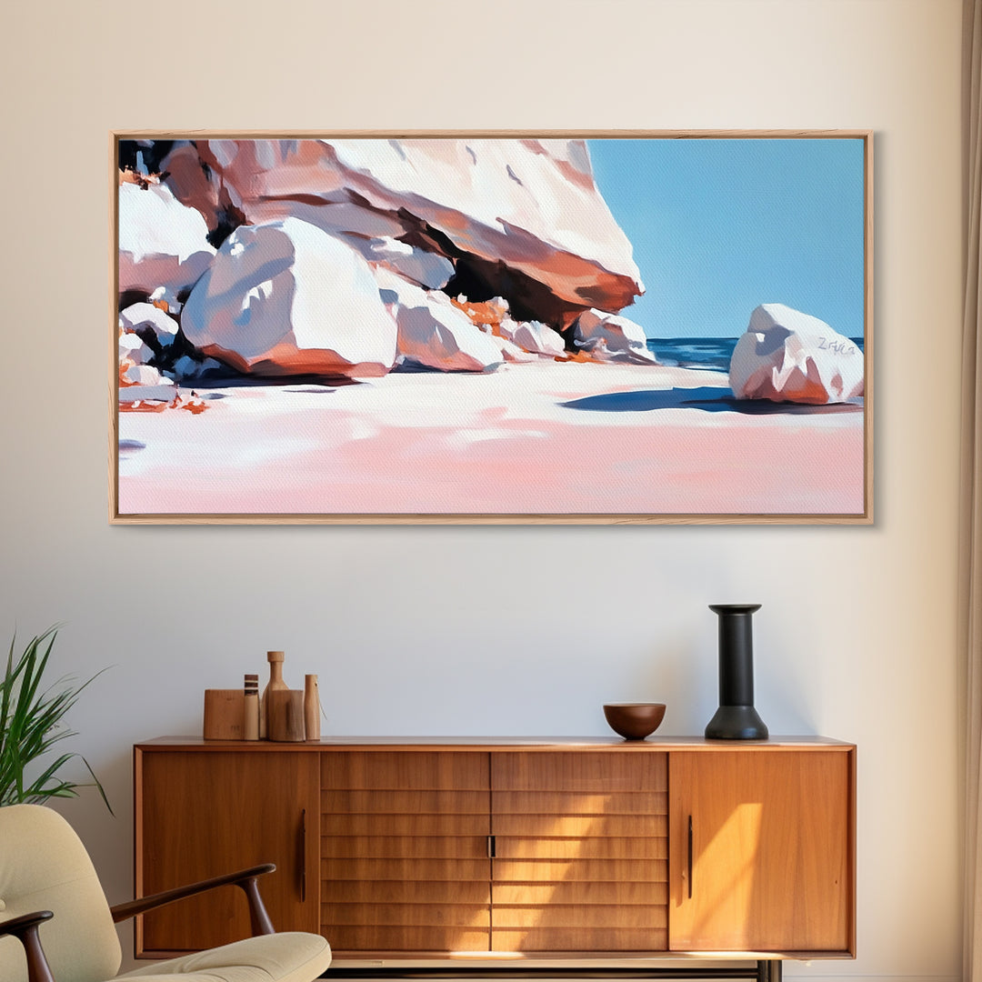 Rocky Beach Scene, Coastal Landscape, Modern Nature Art, Relaxing Seaside View, Framed Canvas Print, Ocean Wall Decor