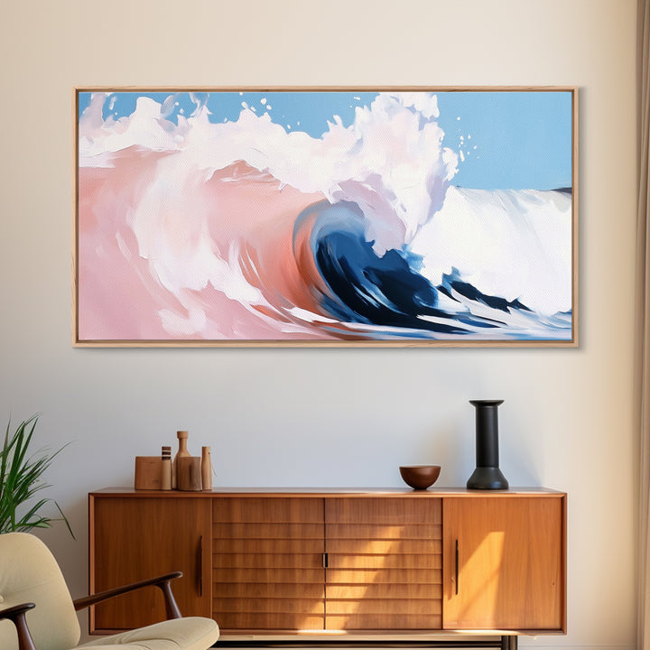 Ocean Wave, Abstract Beach Painting, Dynamic Wall Art, Coastal Decor, Surfer Aesthetic, Blue and White Framed Canvas Print