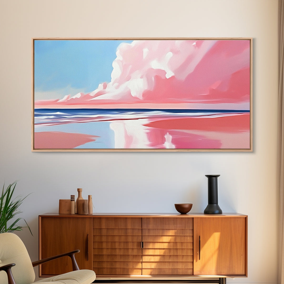 Pink Beach, Dreamy Ocean, Framed Canvas Print, Coastal Art, Minimalist Seascape, Modern Wall Decor, Soft Pastel Landscape