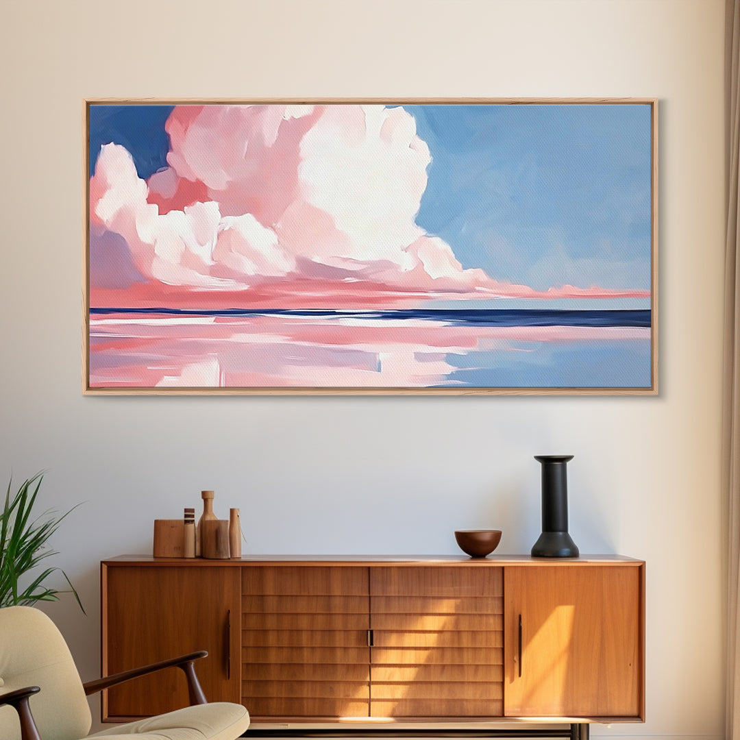 Cloudy Seascape, Pink Horizon, Framed Canvas Print, Coastal Art, Serene Wall Decor, Sunset Painting, Ocean Aesthetic