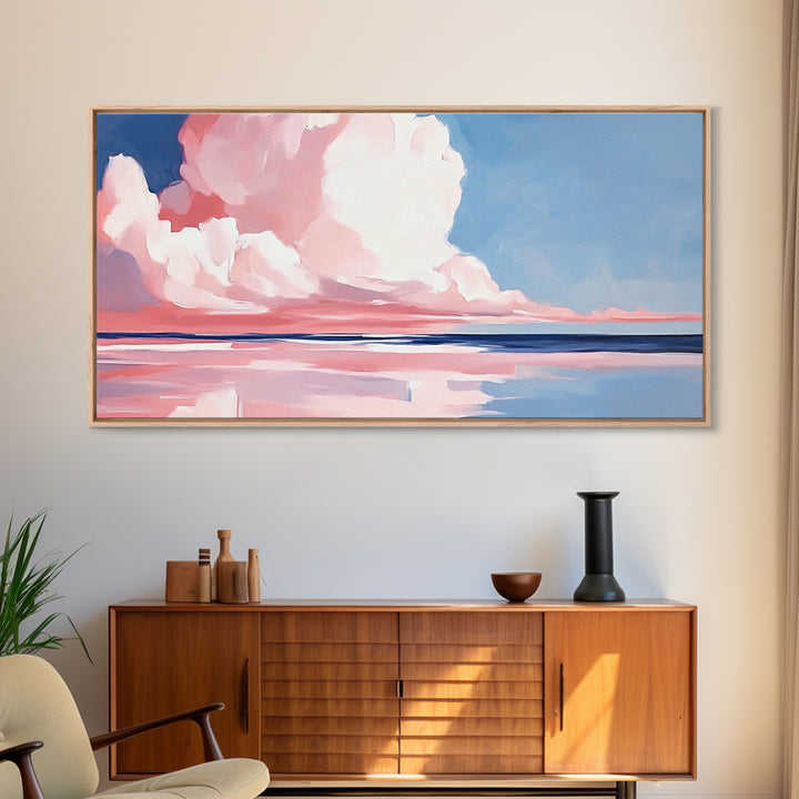 Cloudy Seascape, Pink Horizon, Framed Canvas Print, Coastal Art, Serene Wall Decor, Sunset Painting, Ocean Aesthetic