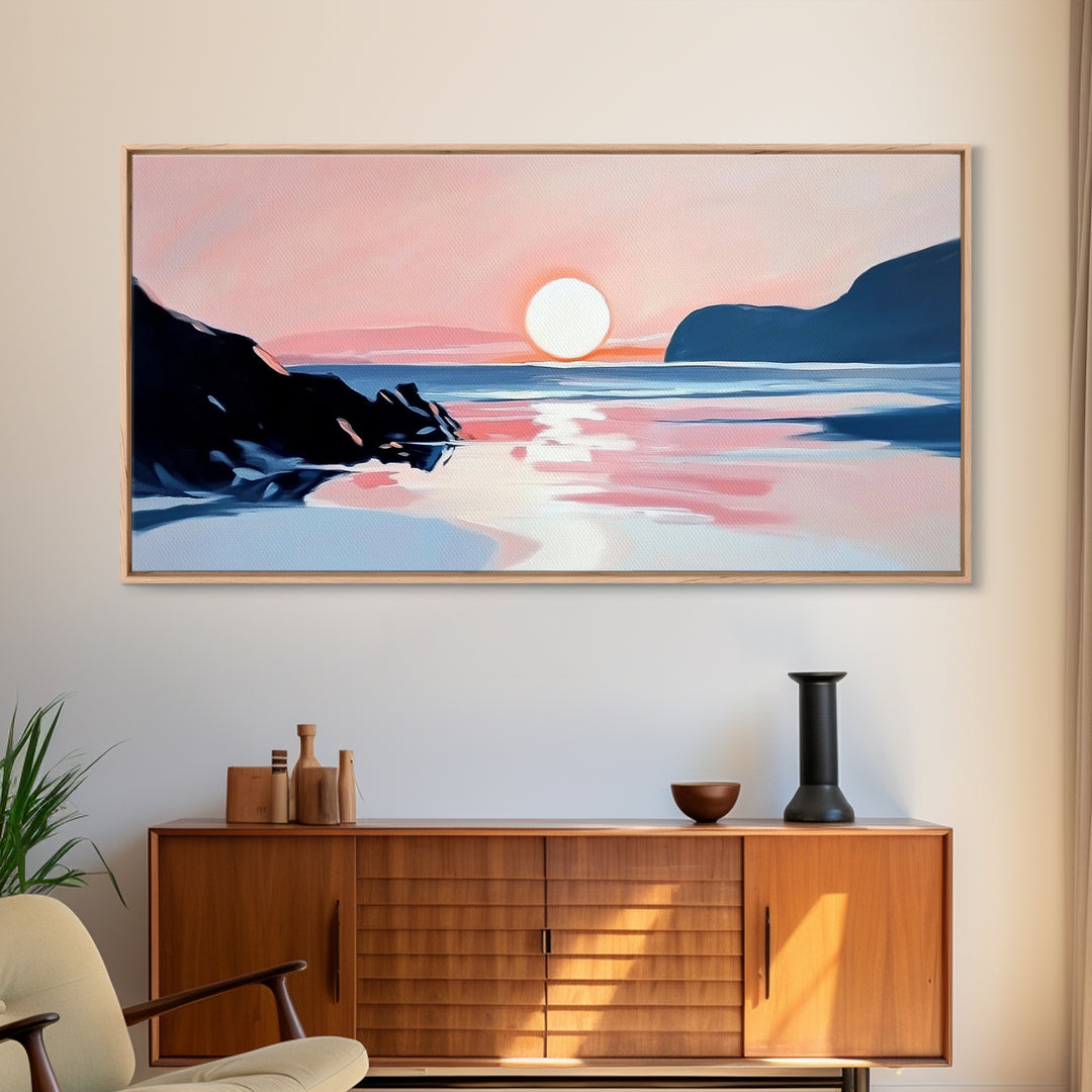 Dreamy Sunset, Coastal View, Framed Canvas Print, Serene Seascape, Beach House Decor, Modern Ocean Art, Calming Home Aesthetic