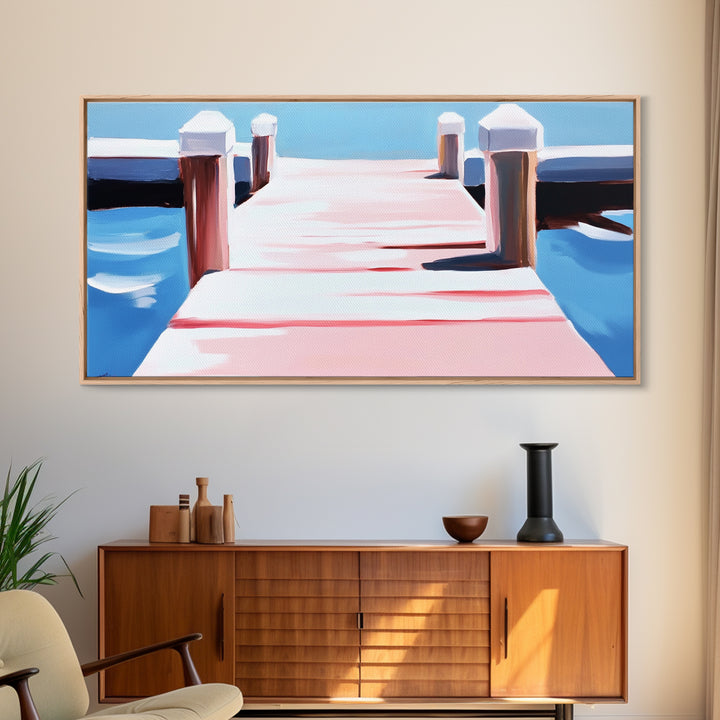 Dockside View, Nautical Art, Framed Canvas Print, Coastal Wall Decor, Beach House Aesthetic, Minimalist Ocean Painting