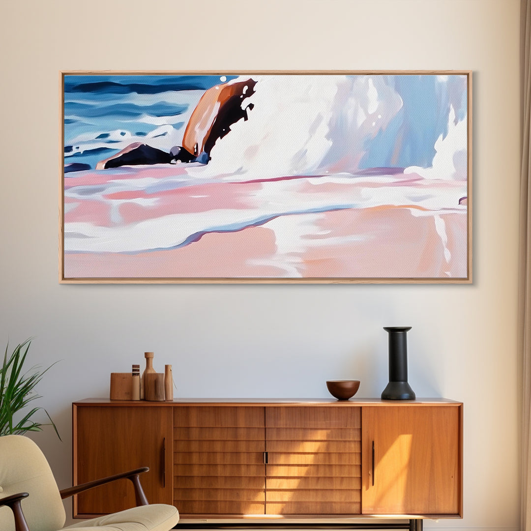 Rocky Shore, Wave Crash, Framed Canvas Print, Coastal Wall Art, Beach House Decor, Serene Seascape, Modern Ocean Painting