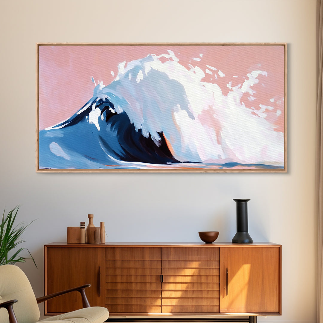 Blush Wave, Ocean Spray, Framed Canvas Print, Coastal Art, Modern Beach Decor, Serene Seascape, Surfer Aesthetic, Pastel Painting