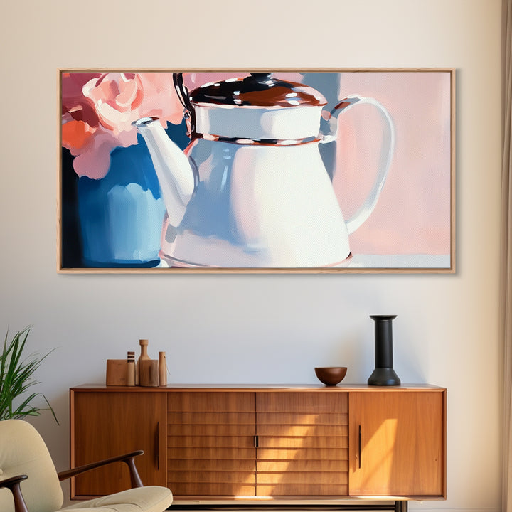 Teapot Charm, Vintage Still Life, Framed Canvas Print, Cottagecore Kitchen Decor, Shabby Chic Art, Pastel Home Aesthetic, Cozy Wall Art