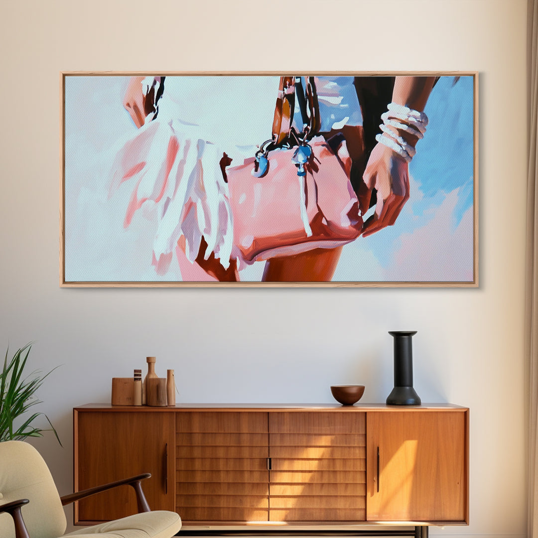 Beach Chic, Boho Fashion, Framed Canvas Print, Coastal Wall Art, Feminine Aesthetic, Pastel Painting, Modern Home Decor