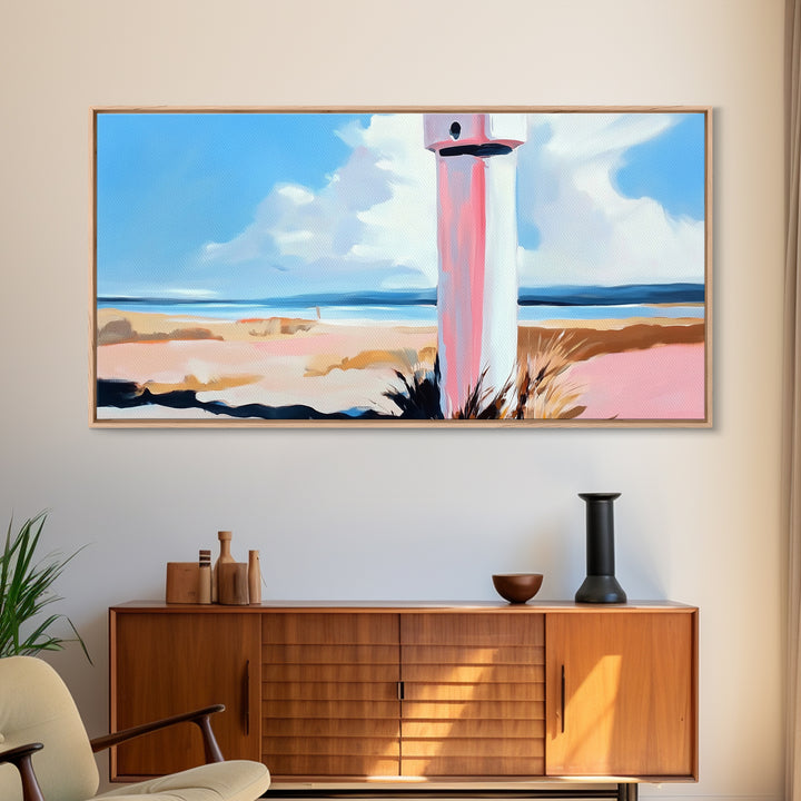 Coastal Lighthouse, Beach Wall Art, Nautical Decor, Ocean Landscape, Seaside Home, Modern Minimalist, Framed Canvas Print