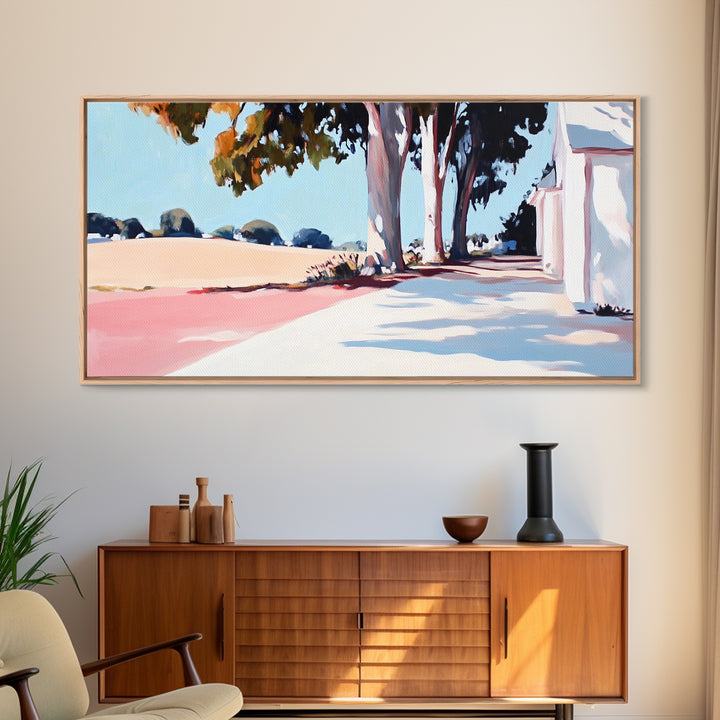 Country Road, Rural Landscape, Serene Nature, Golden Fields, Rustic Farmhouse, Countryside Charm, Warm Autumn Hues, Canvas Print