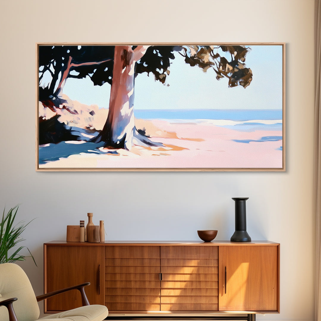 Coastal Tree, Beach Serenity, Ocean Landscape, Minimalist Aesthetic, Tranquil Seascape, Boho Decor, Nature Art, Framed Canvas Print