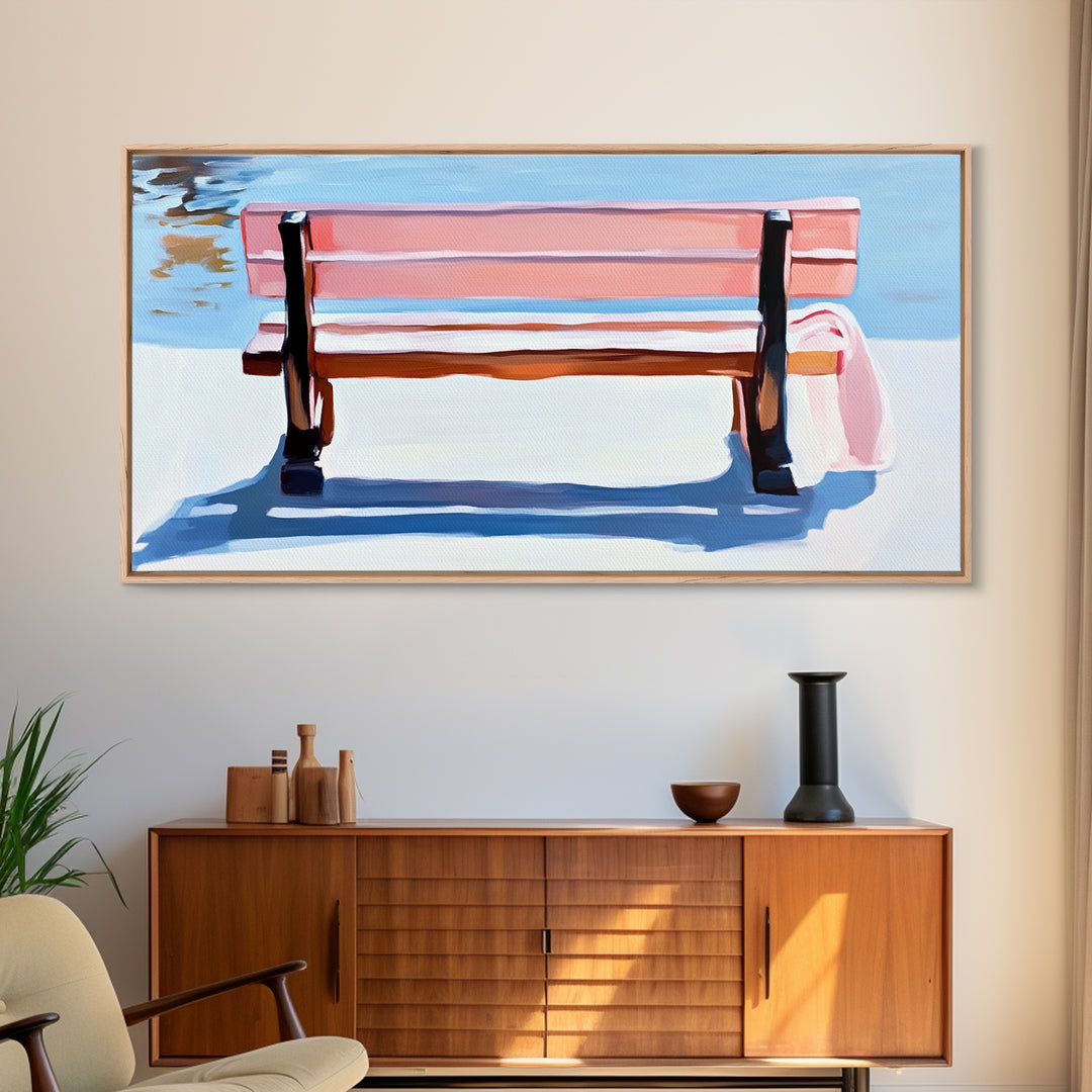 Park Bench, Peaceful Moment, Minimalist Art, Living Room Wall Art, Pastel Landscape, Framed Canvas Print, Impressionist Style, Soft Blue Pink