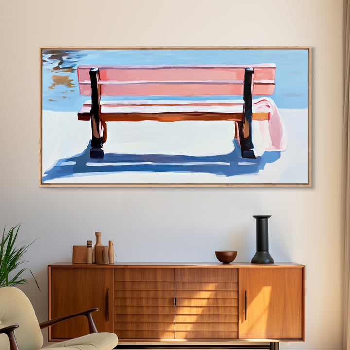 Park Bench, Peaceful Moment, Minimalist Art, Living Room Wall Art, Pastel Landscape, Framed Canvas Print, Impressionist Style, Soft Blue Pink