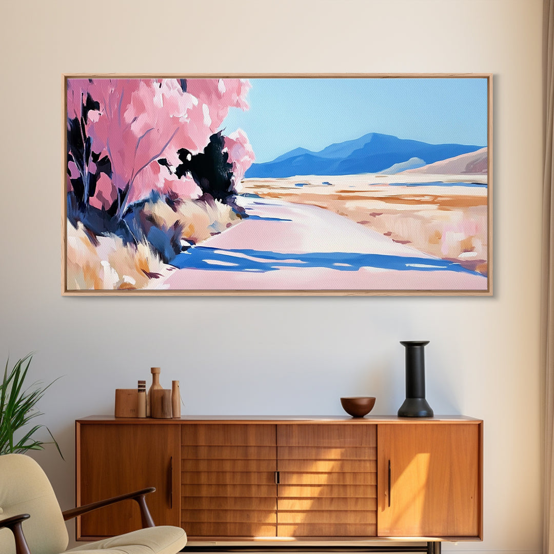 Blossoms, Mountain Path, Scenic Landscape Art, Nature Painting, Boho Decor, Framed Canvas Print, Pastel Pink Trees, Serene Wall Art