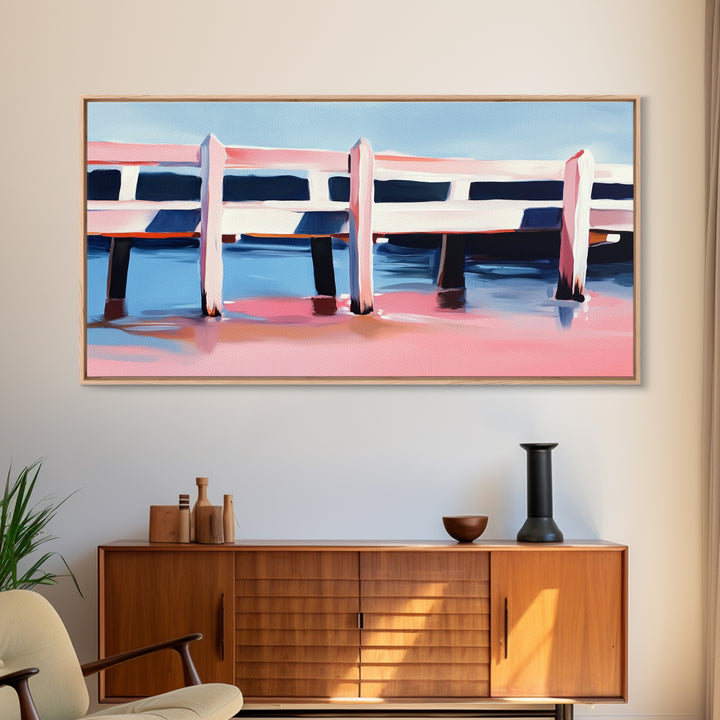 Dock, Reflections, Landscape Art, Nautical Decor, Serene Water Painting, Framed Canvas Print, Minimalist Seaside Art, Blue Pink Aesthetic