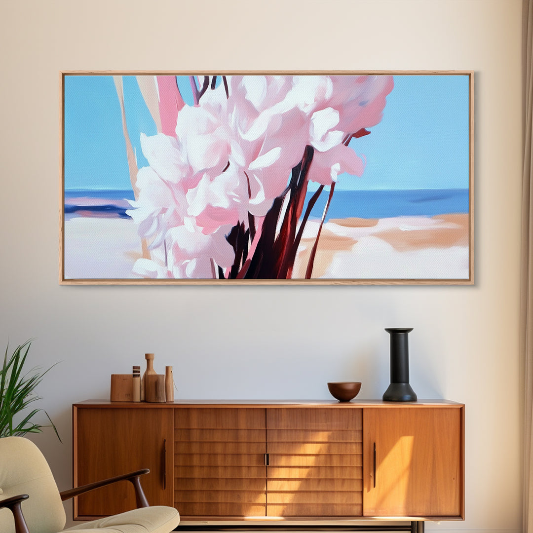 Coastal Flowers, Beach House Art, Pink Blossom Painting, Nature Wall Art, Minimalist Decor, Framed Canvas Print, Modern Living Room