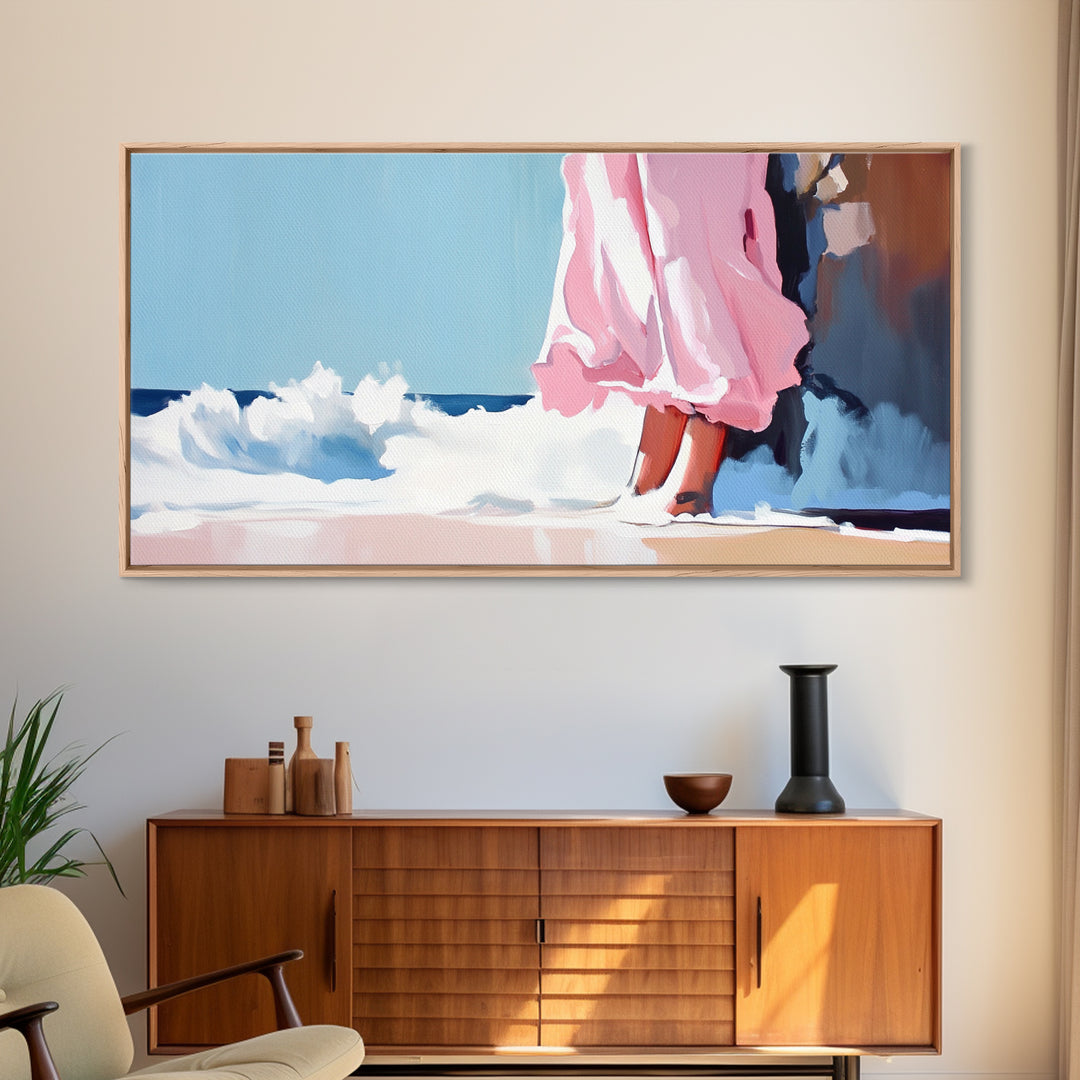 Ocean Breeze, Pink Dress, Coastal Art, Modern Seascape, Minimalist Wall Art, Living Room Decor, Beach Aesthetic, Canvas Print