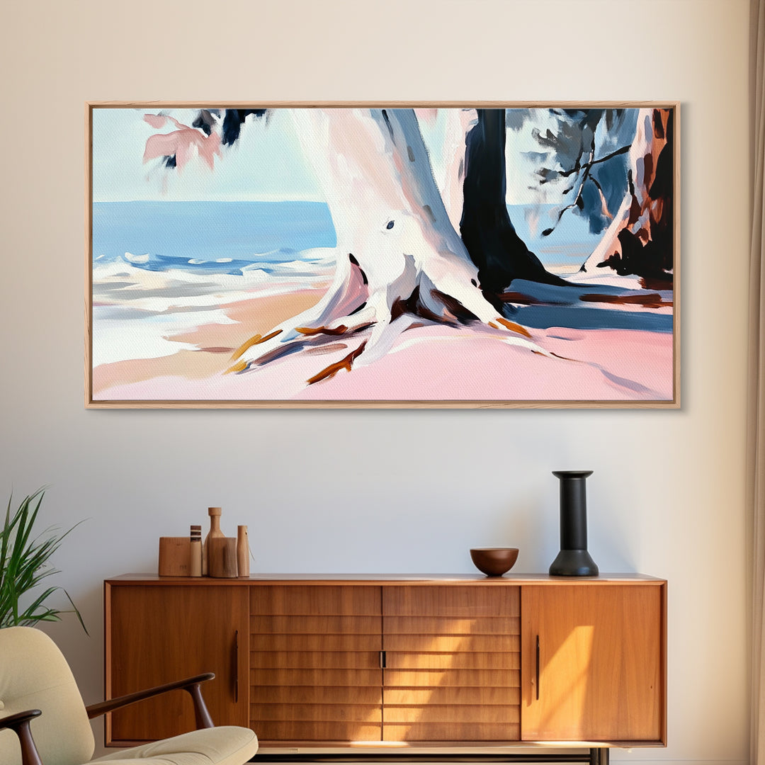 Beach Tree, Coastal Roots, Modern Nature Art, Minimalist Seascape, Living Room Wall Art, Tranquil Landscape, Canvas Print