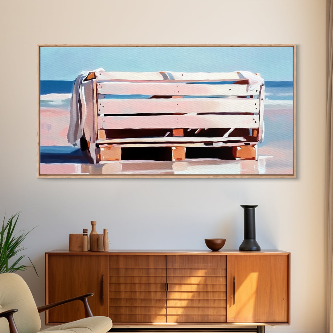 Beach Crate, Coastal Chic, Minimalist Seaside Art, Relaxing Ocean Decor, Modern Nautical Aesthetic, Living Room Wall Art, Canvas Print