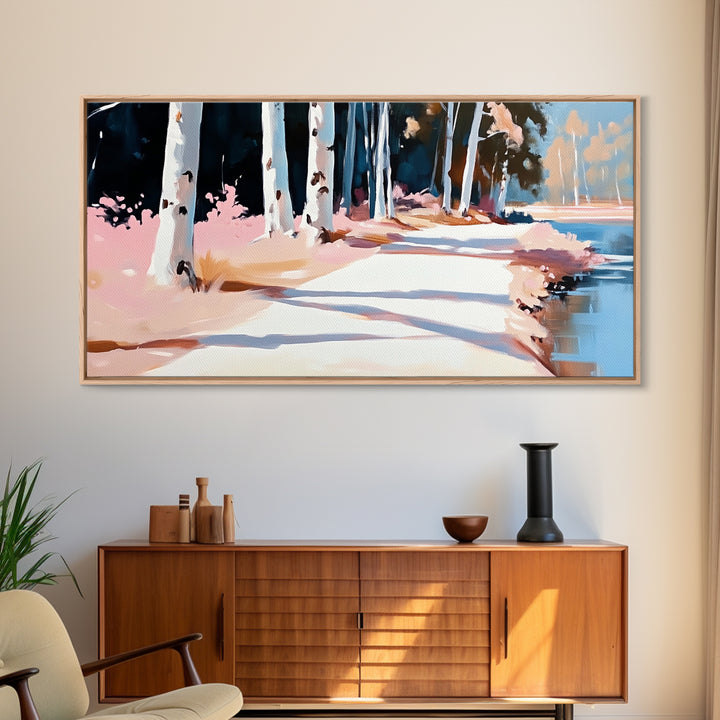 Birch Path, Autumn Landscape, Tranquil Nature Art, Minimalist Forest Print, Warm Neutral Tones, Living Room Wall Art, Canvas Print