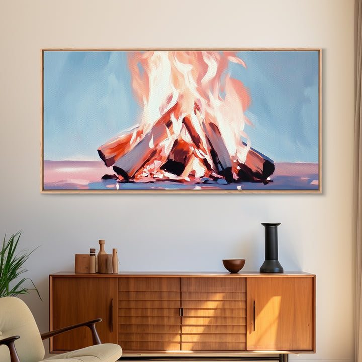 Bonfire, Evening Flames, Warm Wall Art, Fall Aesthetic, Cozy Cabin Decor, Minimalist Nature Art, Framed Canvas Print, Gift Idea