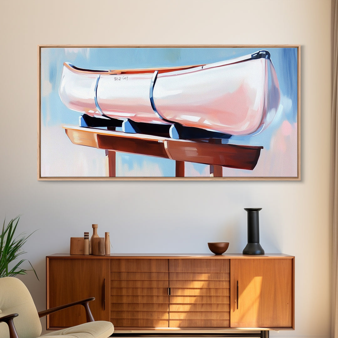 Canoe, Dockside View, Rustic Adventure Art, Cabin Wall Decor, Nature Inspired Aesthetic, Outdoor Enthusiast Gift, Framed Canvas Print