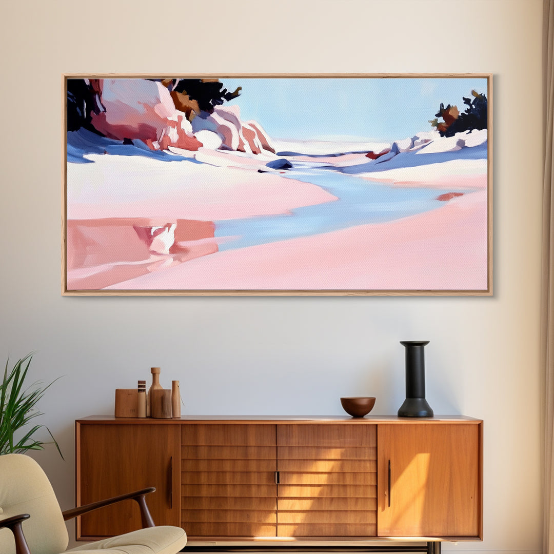 Desert River, Pastel Landscape, Western Aesthetic, Minimalist Nature Art, Boho Home Decor, Serene Wall Art, Framed Canvas Print