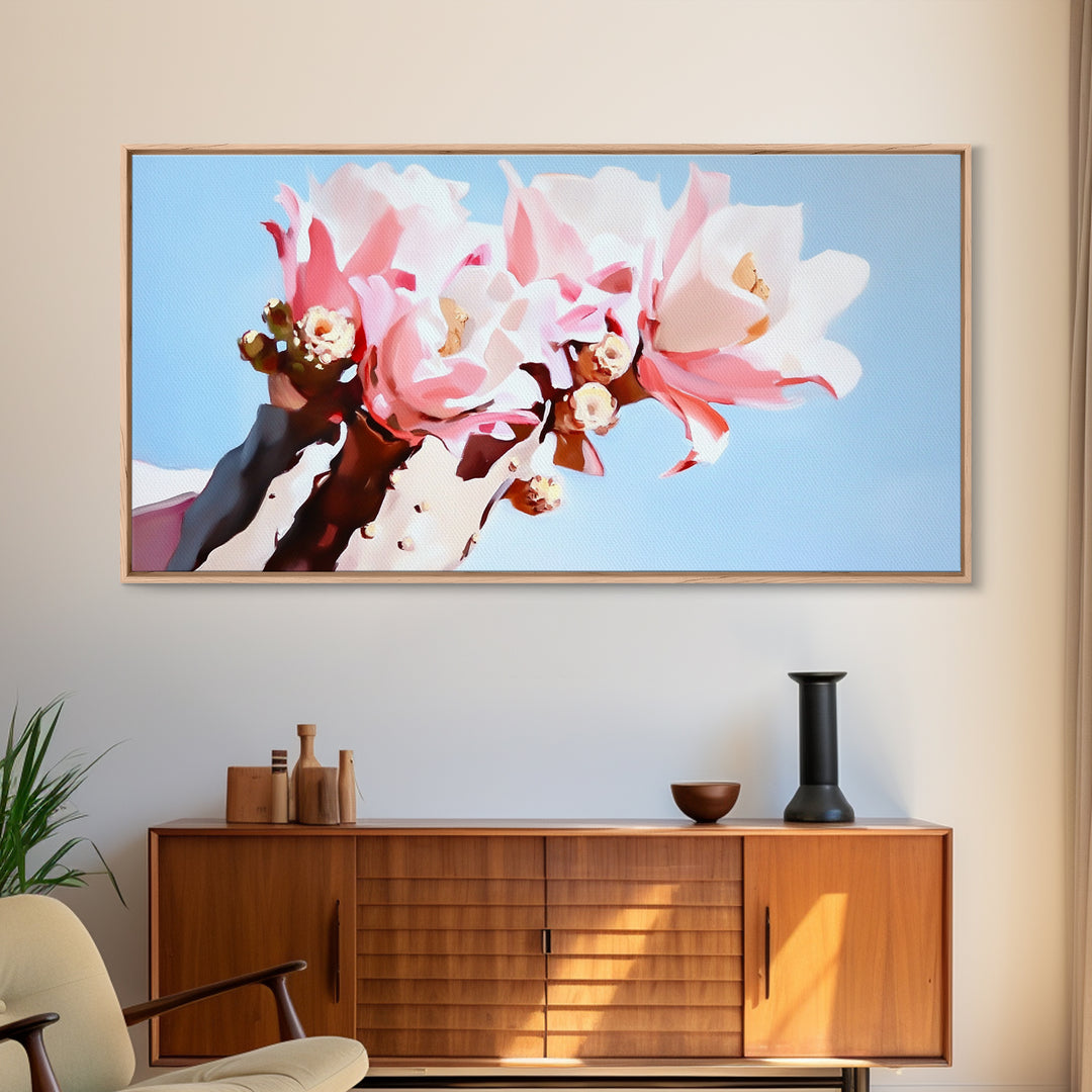 Cactus Blooms, Floral Desert Art, Southwest Boho Print, Nature Botanical Art, Soft Pastel Aesthetic, Framed Canvas Print, Bedroom or Office