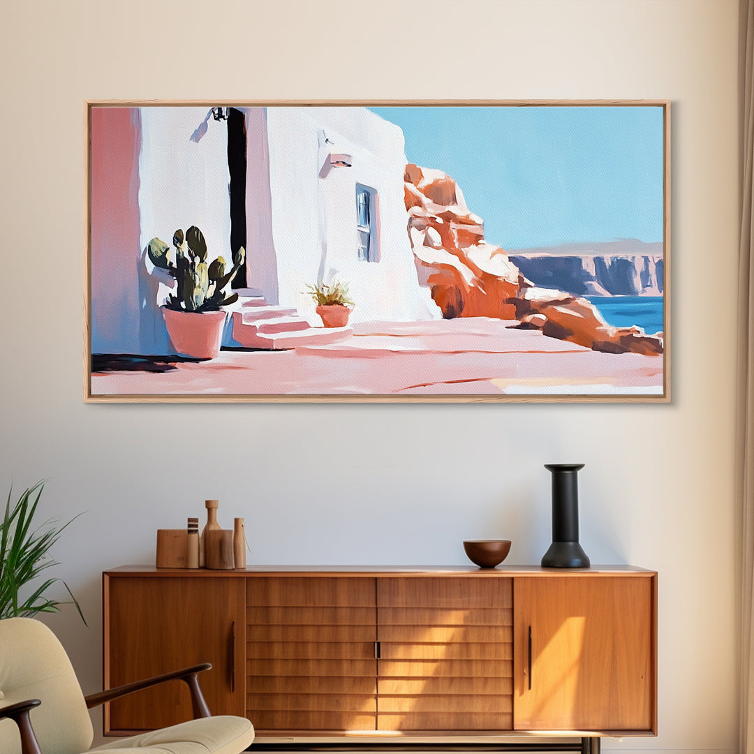 Cliffside House, Mediterranean Wall Art, Travel Print, Santorini Inspired Decor, Minimalist Aesthetic, Framed Canvas Print, Living Room