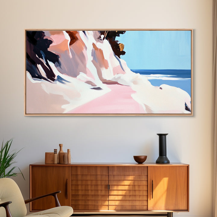 Coastal Path, Beach Cliffside Art, Ocean Landscape Print, Tranquil Summer Wall Art, Minimalist Pastel Decor, Framed Canvas Print