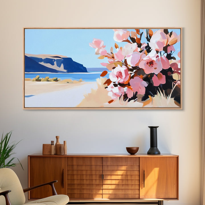 Coastal Flowers, Blue Ocean, Beach Aesthetic, Vibrant Nature Art, Boho Wall Decor, Bedroom Art, Pink Floral Scene, Canvas Print